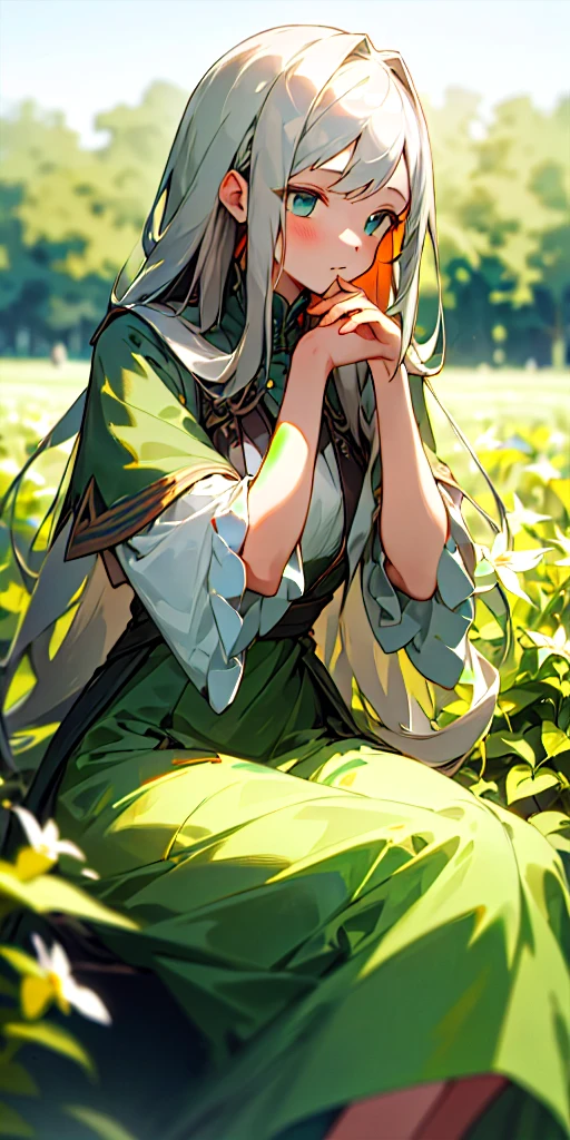 (masterpiece, best quality),1girl with long aschgray hair sitting in a field of green plants and flowers, her hand under her chin, warm lighting, Colorful dress, blurry foreground