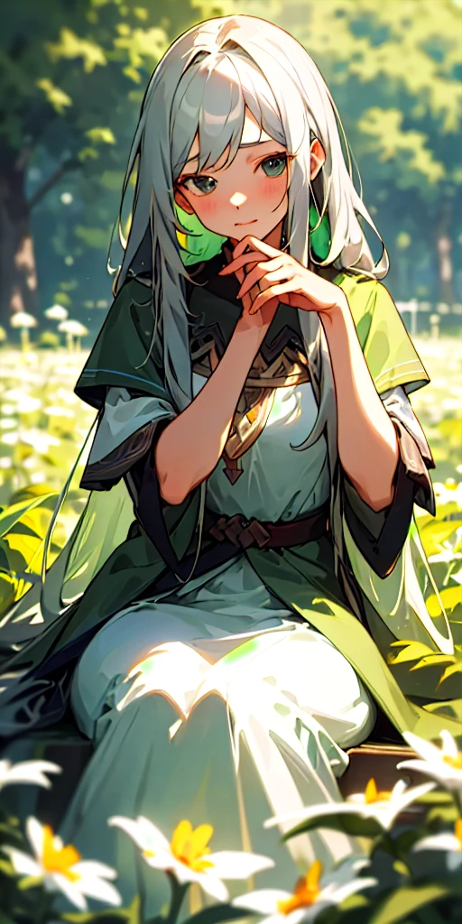 (masterpiece, best quality),1girl with long aschgray hair sitting in a field of green plants and flowers, her hand under her chin, warm lighting, Colorful dress, blurry foreground