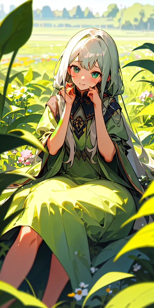 (masterpiece, best quality),1girl with long aschgray hair sitting in a field of green plants and flowers, her hand under her chin, warm lighting, Colorful dress, blurry foreground