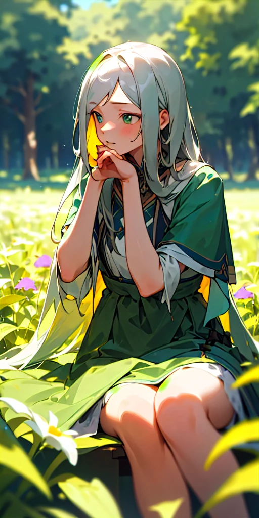(masterpiece, best quality),1girl with long aschgray hair sitting in a field of green plants and flowers, her hand under her chin, warm lighting, Colorful dress, blurry foreground