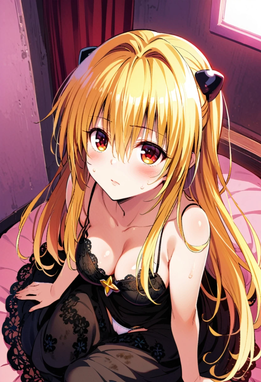 (Perfect Face, Detailed face, Beautiful Eyes,Perfect hands,Perfect Fingers)、Red face、((vapor))、hot、((konjiki no yami, ph Yami))、Maternal, Foot, alone, 1 Girl, Blonde Hair, Red eyes, Long Hair, Black hair ornament, Big eyes, Masturbation,A flushed expression、Dirty face、Expressionless、 (masterpiece:1.2, Highest quality), (細かくてBeautiful Eyes: 1.2), (Beautiful and dense face), (Sharp facial hair between the eyes)、Black lace dress、Underwear is visible、, Grinding, Transparent panties、Large Breasts、Neon lighting、Looking up