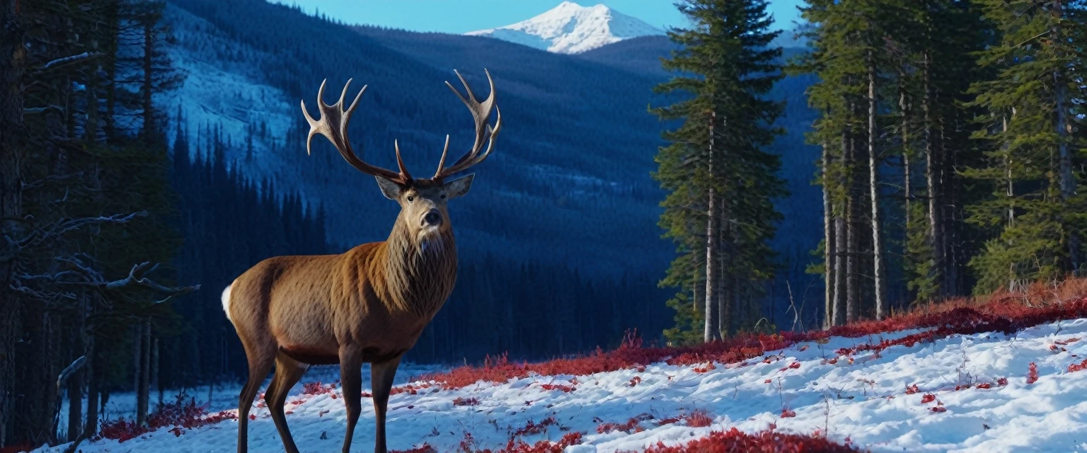 (masterpiece, 8K, UHD, RAW), A large North American red deer with- large antlers, the deer is a large male buck standing in the clearing of the great red wood Forest, there is a distant waterfall, and snow capped mountains, deep blue sky and vivid colours