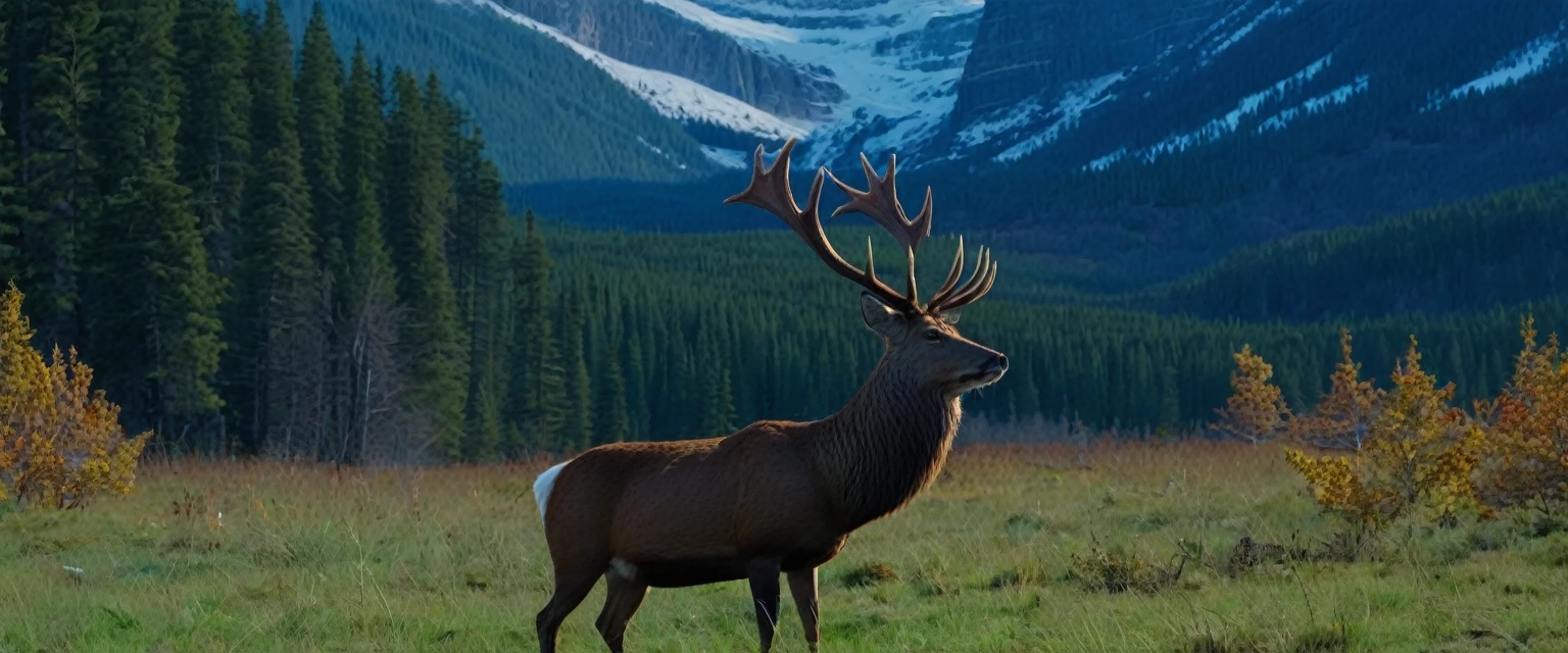 (masterpiece, 8K, UHD, RAW), A large North American red deer with- large antlers, the deer is a large male buck standing in the clearing of the great red wood Forest, there is a distant waterfall, and snow capped mountains, deep blue sky and vivid colours