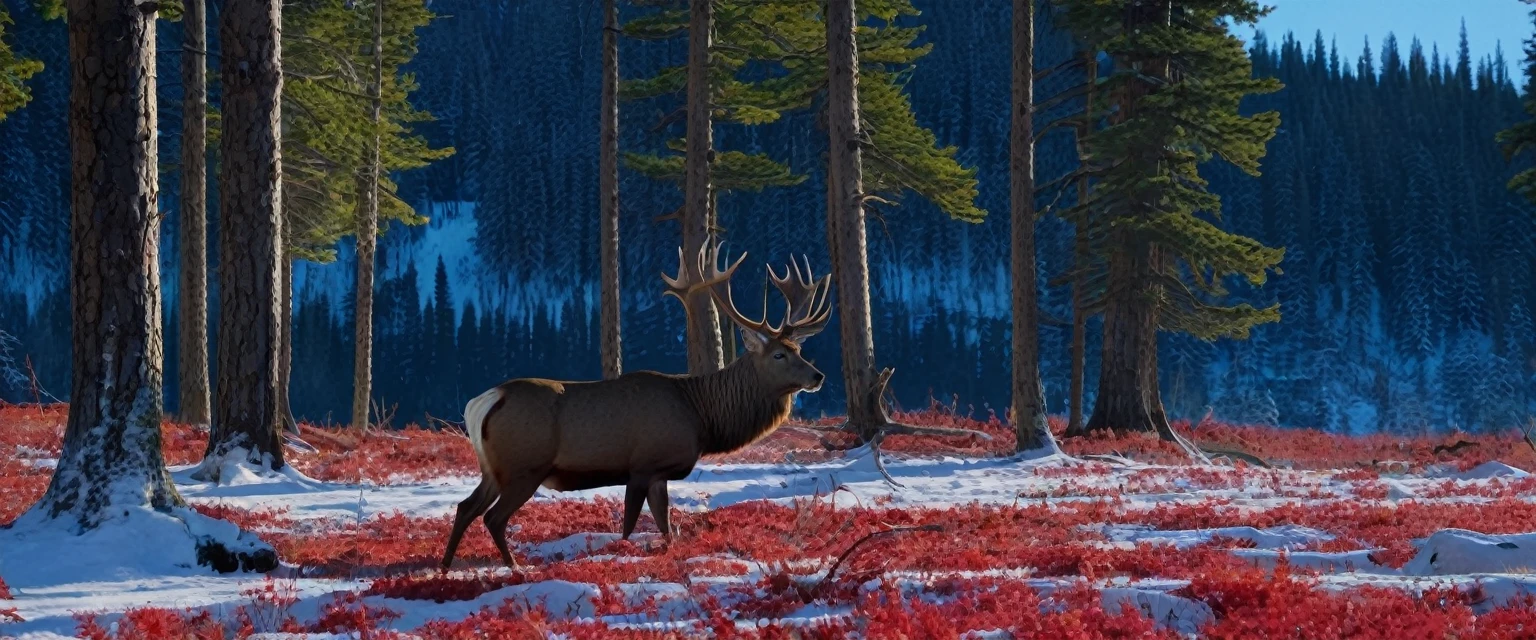 (masterpiece, 8K, UHD, RAW), A large North American red deer with- large antlers, the deer is a large male buck standing in the clearing of the great red wood Forest, there is a distant waterfall, and snow capped mountains, deep blue sky and vivid colours