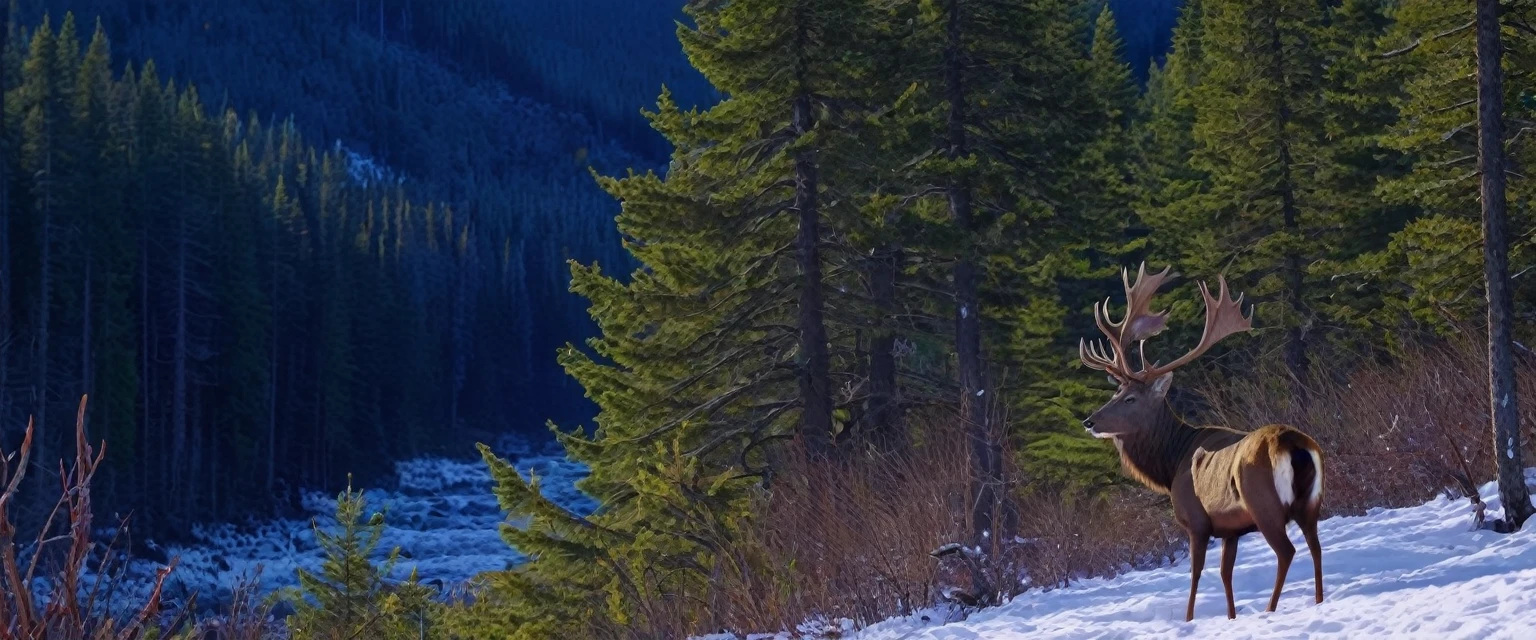 (masterpiece, 8K, UHD, RAW), A large North American red deer with- large antlers, the deer is a large male buck standing in the clearing of the great red wood Forest, there is a distant waterfall, and snow capped mountains, deep blue sky and vivid colours