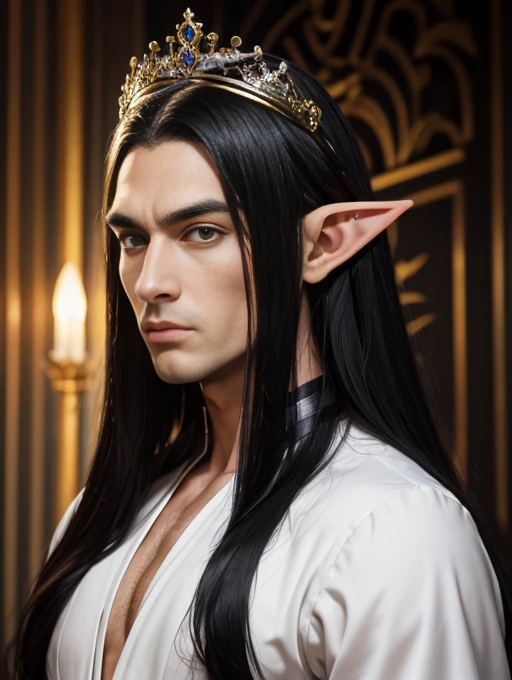 male elf, 35 year old, long black hair, beautiful  face, symmetrical chin, serious expression, muscled body, silk clothing, crown on head, Royal Palace.