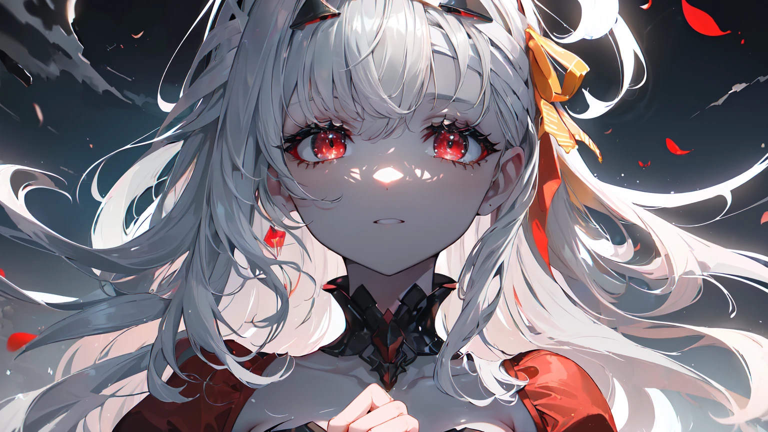 ((((Obra maestra, La mejor calidad, ultrahigh resolution)))), 1girl, standing,), ((long pure silver hair, hair over eye)), long hair cut, shiny skin, ((red eyes)), glowing_eyes, neon eyes, (ultra detailed eyes:0.7, beautiful and detailed face, detailed eyes:0.9), ((centered)), smirk, facing viewer, ((vibrant background, dark lighting, summer, sunlight)), large chested, looking at viewer, ((half closed eyes)), ((perfect hands)), (((head:1, arms, hips in view, elbows, in view))), ((hands behind back)), empty eyes, beautiful lighting, ((outside, outdoors)), defined subject, head tilt, (((gritty)), ((creepy)), ((cool)), ((beautiful)), (((SFW))), hair ornament, petals in the air, moon in the sky, city, mature woman, adult woman, sfw, red and white dress, night dress, she is a princess,