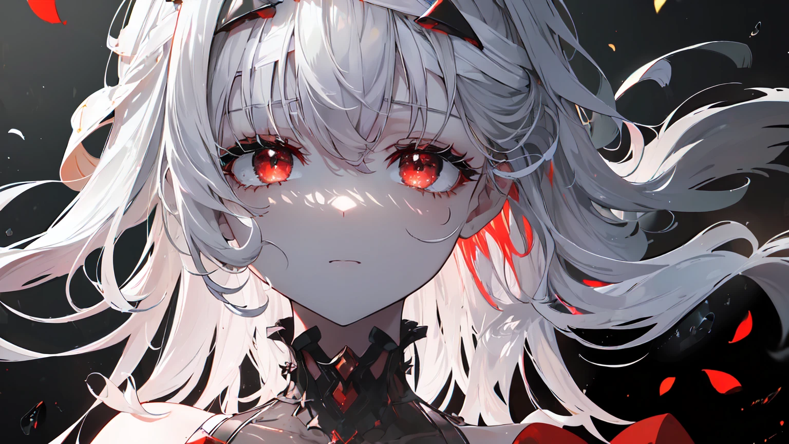 ((((Obra maestra, La mejor calidad, ultrahigh resolution)))), 1girl, standing,), ((long pure silver hair, hair over eye)), long hair cut, shiny skin, ((red eyes)), glowing_eyes, neon eyes, (ultra detailed eyes:0.7, beautiful and detailed face, detailed eyes:0.9), ((centered)), smirk, facing viewer, ((vibrant background, dark lighting, summer, sunlight)), large chested, looking at viewer, ((half closed eyes)), ((perfect hands)), (((head:1, arms, hips in view, elbows, in view))), ((hands behind back)), empty eyes, beautiful lighting, ((outside, outdoors)), defined subject, head tilt, (((gritty)), ((creepy)), ((cool)), ((beautiful)), (((SFW))), hair ornament, petals in the air, moon in the sky, city, mature woman, adult woman, sfw, red and white dress, night dress, she is a princess,