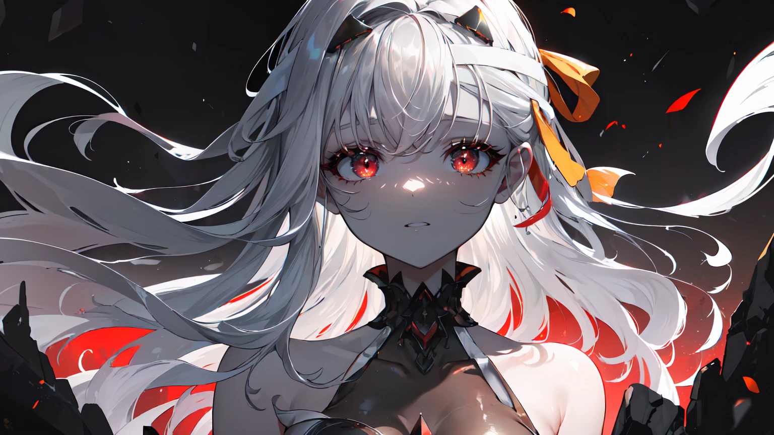 ((((Obra maestra, La mejor calidad, ultrahigh resolution)))), 1girl, standing,), ((long pure silver hair, hair over eye)), long hair cut, shiny skin, ((red eyes)), glowing_eyes, neon eyes, (ultra detailed eyes:0.7, beautiful and detailed face, detailed eyes:0.9), ((centered)), smirk, facing viewer, ((vibrant background, dark lighting, summer, sunlight)), large chested, looking at viewer, ((half closed eyes)), ((perfect hands)), (((head:1, arms, hips in view, elbows, in view))), ((hands behind back)), empty eyes, beautiful lighting, ((outside, outdoors)), defined subject, head tilt, (((gritty)), ((creepy)), ((cool)), ((beautiful)), (((SFW))), hair ornament, petals in the air, moon in the sky, city, mature woman, adult woman, sfw, red and white dress, night dress, she is a princess,