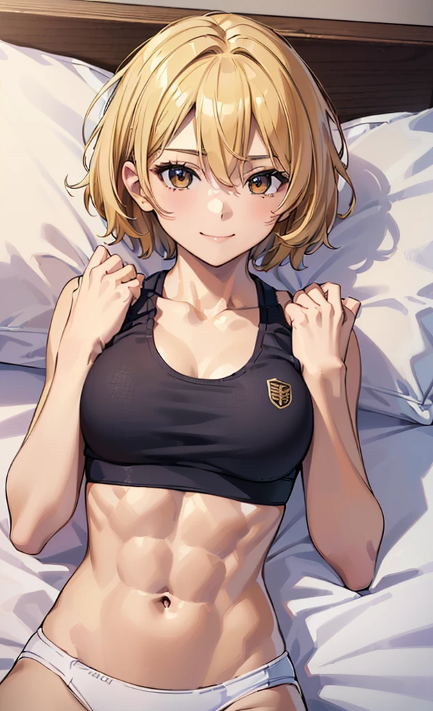 masterpiece, best quality, ultra detailed, ultra high resolution, very detailed face, solo, ((anime), 20 years old girl, (((sports bra, pantie))), ((golden short hair)), (((medium breast))), (six pack abs:1.2), (((put hands around the navel))), ((little smile)), (((lying on the bed))), indoor