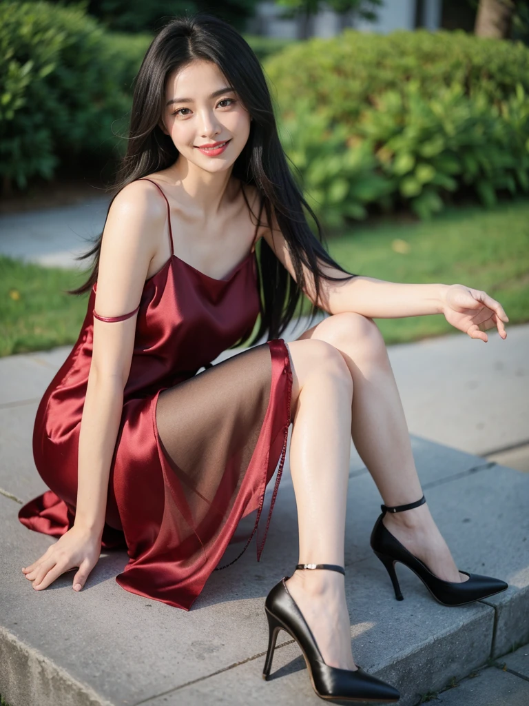 最high quality, 8K, Masseter area, Energetic, concentrate, high quality, high resolution, Delicate face, Fine particles, thick lips, (Looking at the audience), solitary, Beautiful woman, 25 years old,full image， Plum, Black long hair,  (Light-colored spaghetti-strap silk dress:1.5)，（Sitting on a stone bench in the park：1.5）、Blurred Background，((Smile:1.5))、((Wearing black high heels))，High Aims，Gentle and intellectual