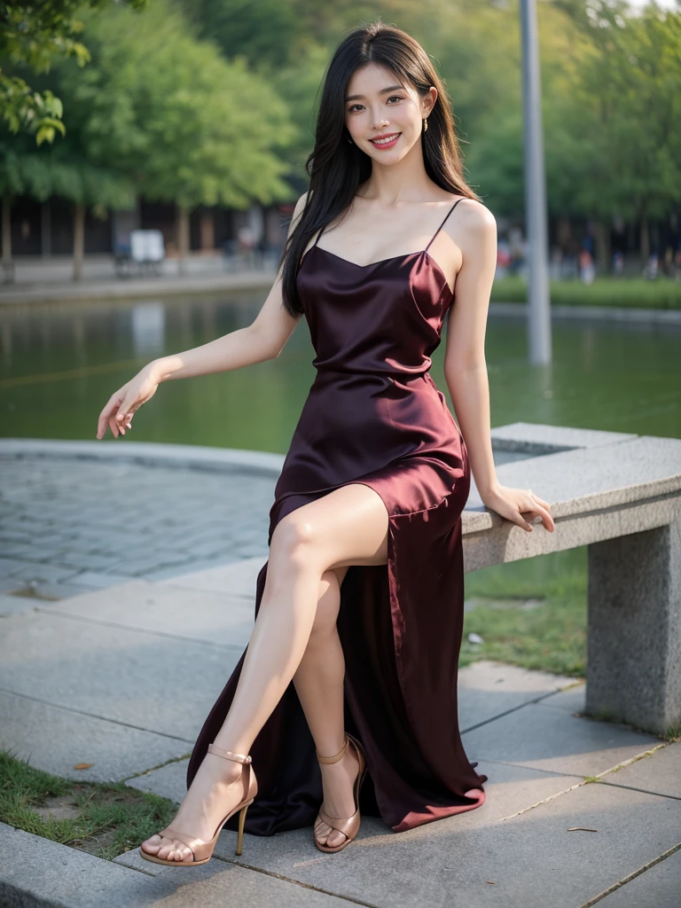 最high quality, 8K, Masseter area, Energetic, concentrate, high quality, high resolution, Delicate face, Fine particles, thick lips, (Looking at the audience), solitary, Beautiful woman, 25 years old,full image， Plum, Black long hair,  (Light-colored spaghetti-strap silk dress:1.5)，（Sitting on a stone bench in the park：1.5）、Blurred Background，((Smile:1.5))、((Wearing black high heels))，High Aims，Gentle and intellectual