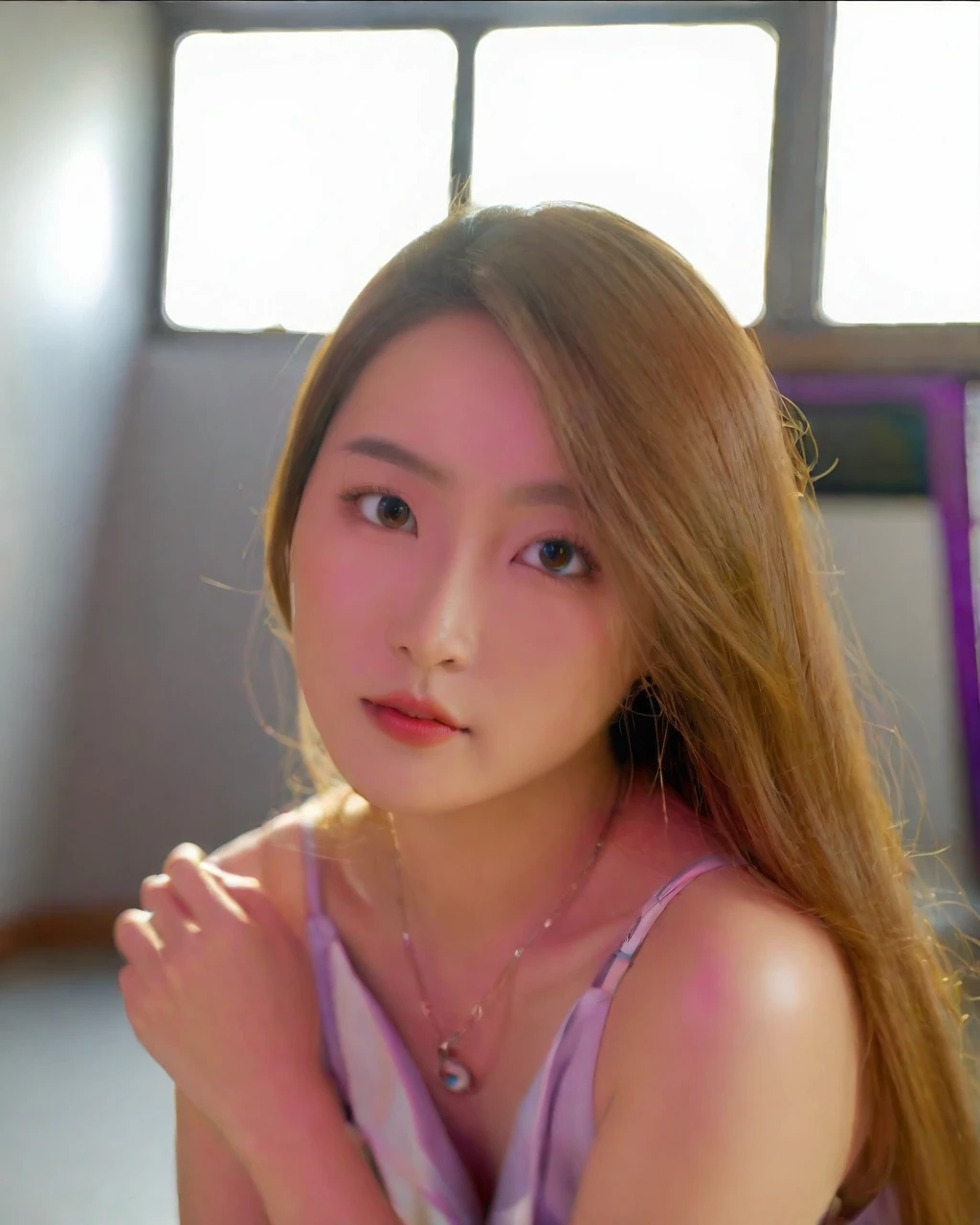 Create a 3D cartoon caricature image of an AI-generated 20 year old Asian girl with the following characteristics: Oval face with a soft chin, Large almond-shaped eyes with dark irises, Small straight nose with a smooth tip, Long light brown hair, straight with a slight wave at the end, Small thick and straight eyebrows, lips with a bright natural color, Wearing a light blue tank top with a white dolphin design on the front. Wearing a small necklace with a round pendant. 3D,UHD,masterpiece