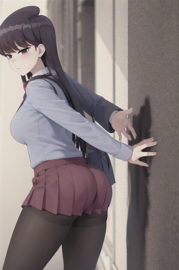 masterpiece, best quality, 1girl, solo, komi-san wa komyushou desu, ks , blue jacket, white shirt, striped bowtie, red skirt, big ass, black pantyhose, looking at viewer, hands on ass, against wall, grabbing her ass in a aggressive way, facing wall, (classroom), (NSFW), (grabbing her ass in a aggressive way), (hands on ass), cowboy shot, NSFW, rule 34 