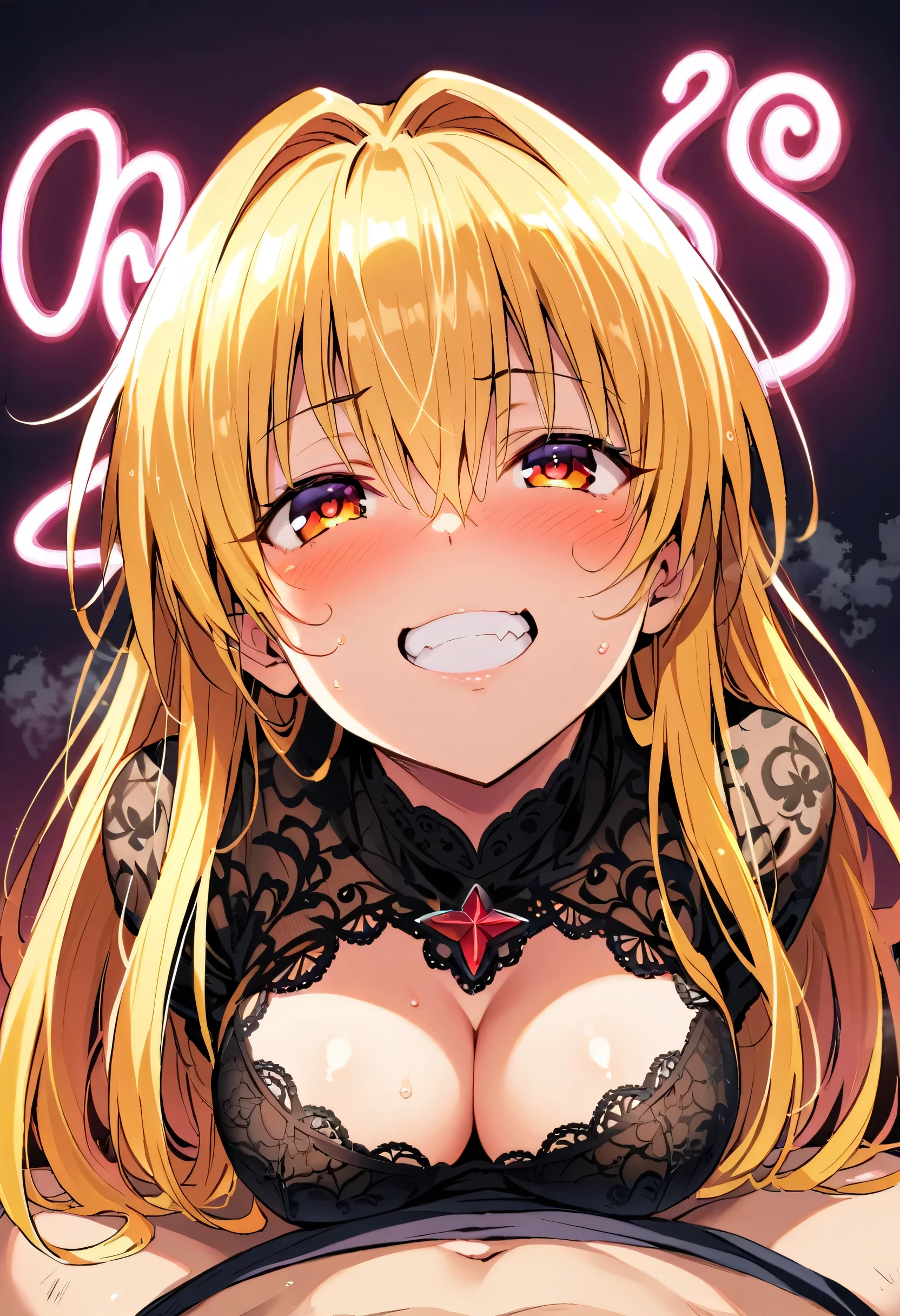 (Perfect Face, Detailed face, Beautiful Eyes,Perfect hands,Perfect Fingers)、Red face、((vapor))、hot、((konjiki no yami, ph Yami))、Maternal, Foot, alone, 1 Girl, Blonde Hair, Red eyes, Long Hair, Black hair ornament, Big eyes, Masturbation,A flushed expression、Dirty face、Grin、 (masterpiece:1.2, Highest quality), (細かくてBeautiful Eyes: 1.2), (Beautiful and dense face), (Sharp facial hair between the eyes)、Black lace dress、Underwear is visible、, Grinding, Transparent panties、Large Breasts、Neon lighting、Looking up