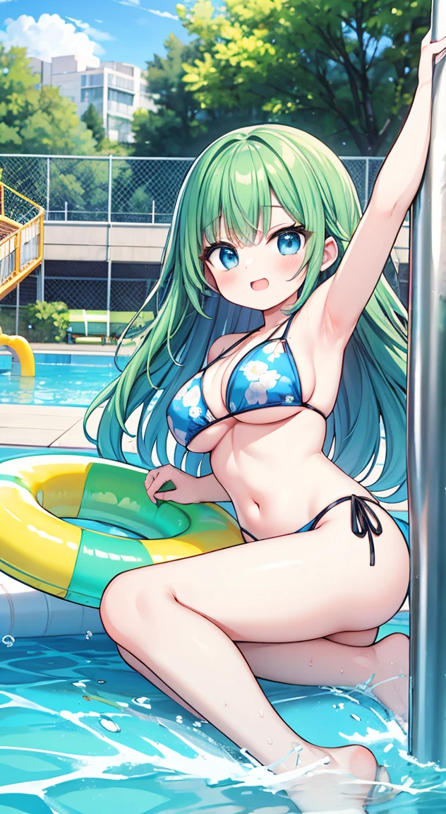 masterpiece,Highest quality,Floral print bikini top, Floral bikini bottoms,,Side Tie Bikini Bottoms,Water park scene with water slides, Featuring Japanese Girls. Large Breasts,少女 is wearing colorful bikini and is joyfully sliding down a long, Open, Water slide, barefoot. The water slide、Surrounded by vibrant greenery and clear blue skies. When going down the slide、Water splashes all around. She&#39;s riding on a bright inflatable ring, Adding vibrancy to the overall atmosphere of the scene, そして彼女のbarefootは楽しさと感覚を加えます.Browsing Caution,