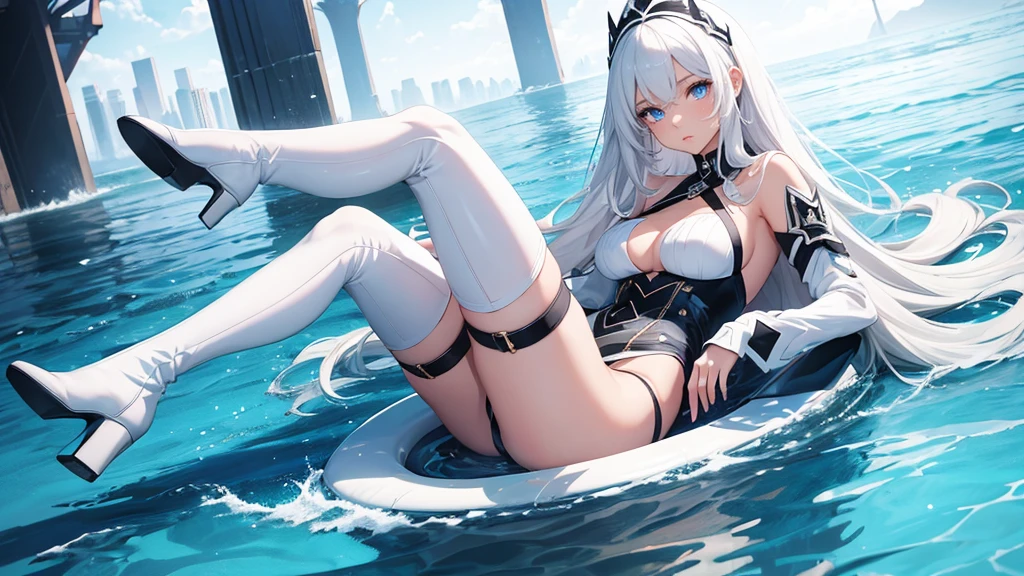 white thigh high boot with high heel , 1 girl, long hair, white hair, beautiful, 8k, masterpiece, blue eye, swimming,