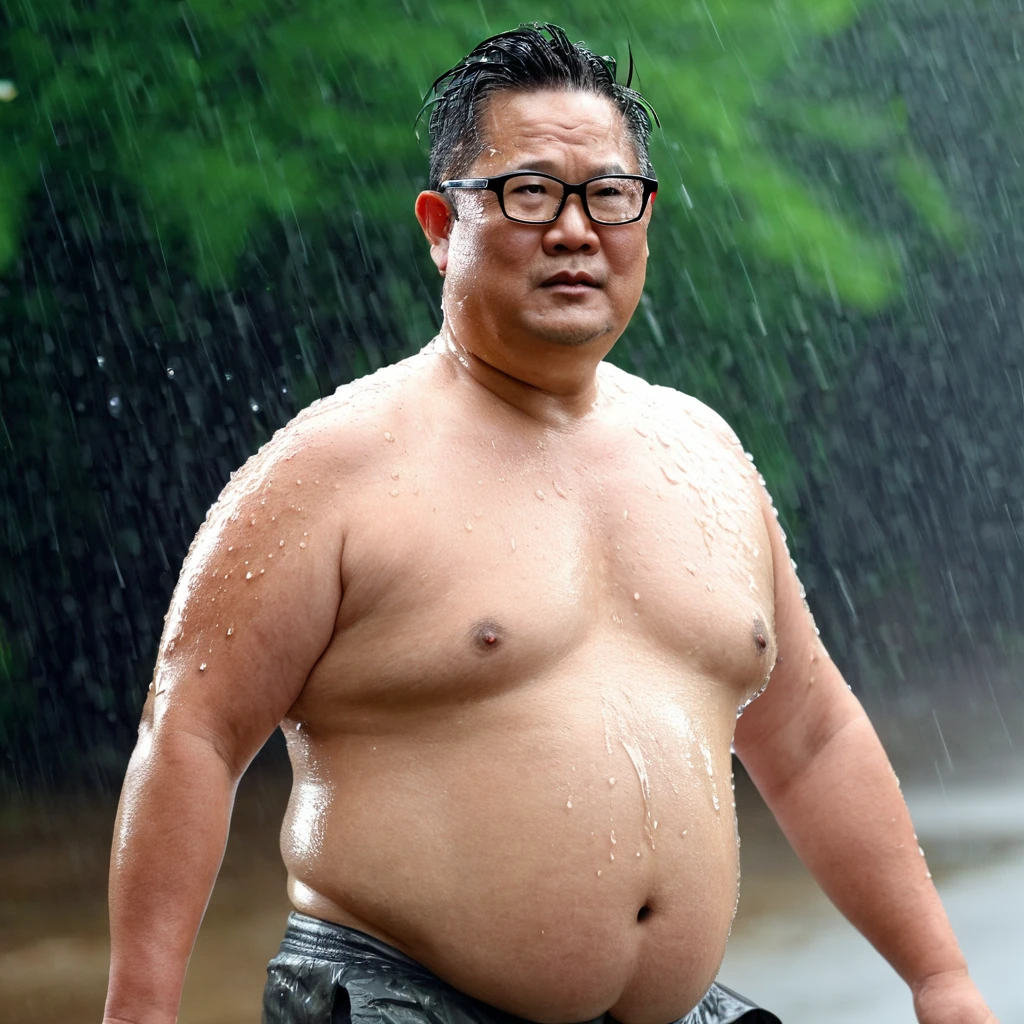 Male, Asian, fat, Chubby, 50 years old, wearing glasses, short hair, shirt off, Shirtless, wet from the rain