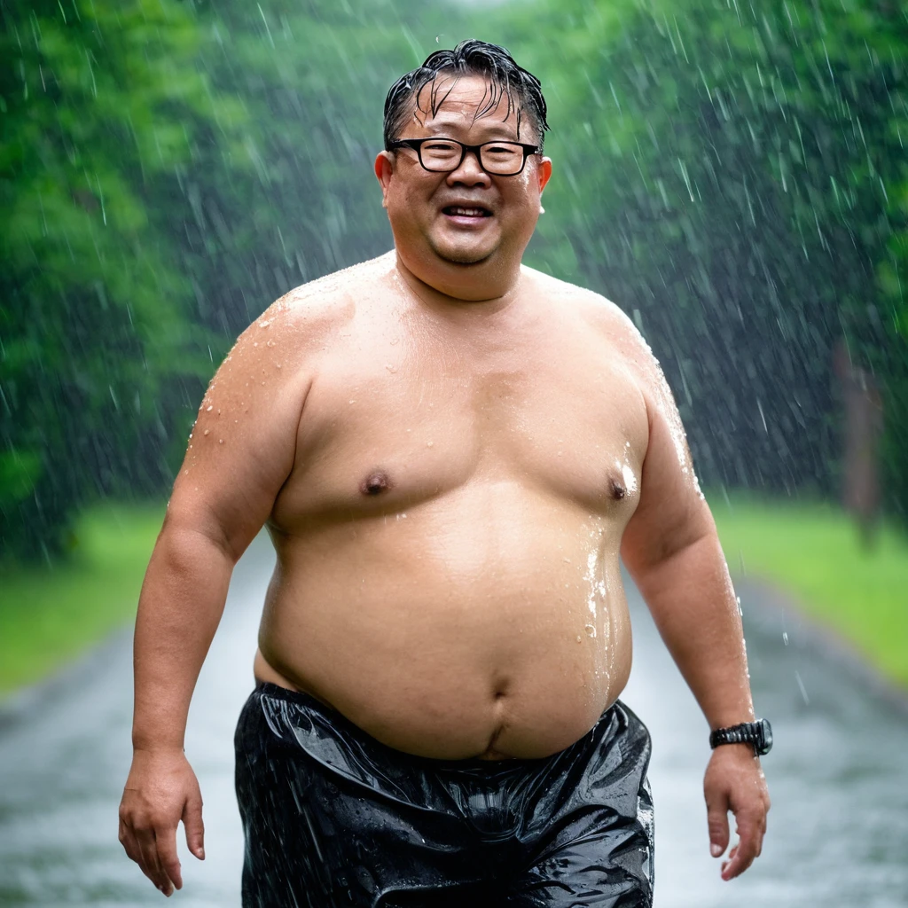 Male, Asian, fat, Chubby, 50 years old, wearing glasses, short hair, shirt off, Shirtless, wet from the rain