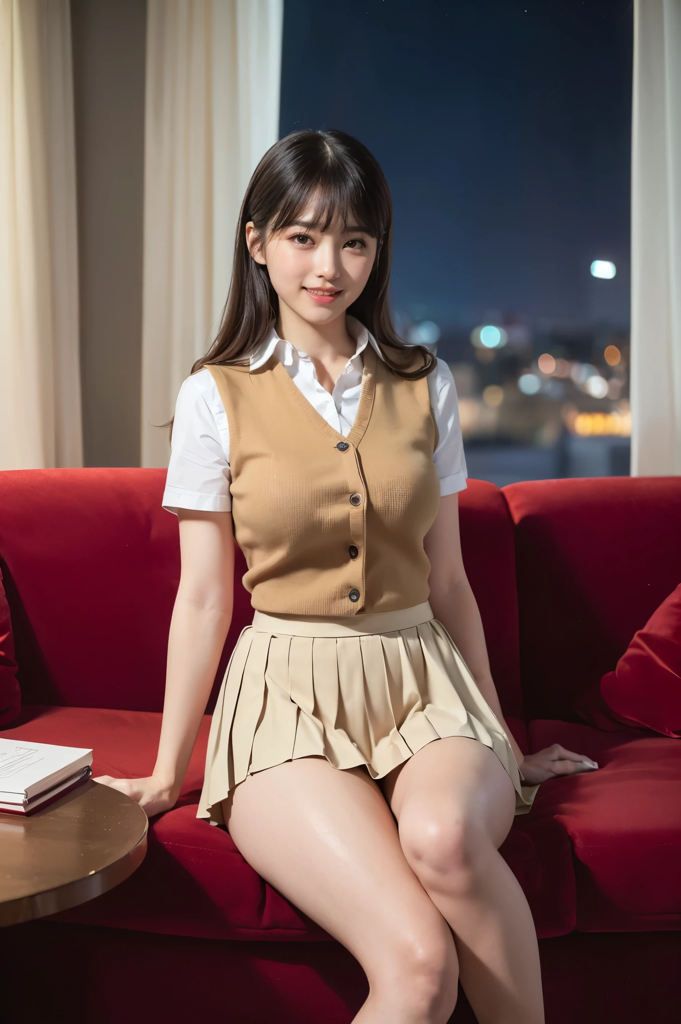 (((neat woman,Bright excited eyes,bright smile,blush,blush,red cheeks,please touch me,attractive viewer,I want you))),(all four legs, four legs, higher hips),((( (blushing, red cheeks)))),(cinematic lighting), (Photorealistic:1.4)、(Surrealistic:1.4)、(Photorealistic:1.3) 、(soft lighting: 1.05)、(Improve the lighting quality of your video: 0.9), 32k, 25 year old woman, realistic lighting, background lighting, face lights, ray traces, (light:1.2), (Quality gain:1.4), (best quality real textured skin), beautiful eyes, delicate face 、 Close-up of face, ((Wearing a white collared shirt ,navy vest skirt uniform,(no printed navy blue pleated skirt),high heels),(Improve body mood:1.1)、Glossy skin、Korean idol、Nogizaka Idol, good figure , perfect anatomy,Beautiful actress,(((beautiful big breasts, slim waist, slim hips, long slim legs, 8 heads tall))),(((8 heads tall))),(((hair gold ripples, curtain bangs))),(((sitting on a beautiful modern sofa, super clean night view, in the night))),