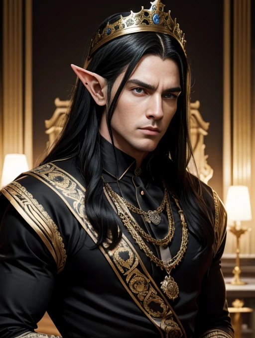 male elf, 35 year old, long black hair, beautiful face, symmetrical chin, serious expression, muscled body, silk clothing, crown on head, Royal Palace.