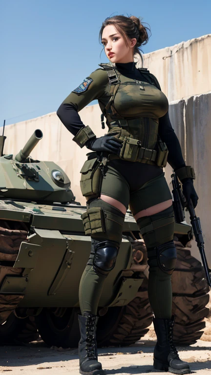 Kat Dennings as Israel military woman, beautiful, beautiful face, realistic face, beautiful hazel eyes, brunette hair bun hairstyle, puffy lips, slim athletic body, perfect breasts, round ass, thick thighs, israel military uniform, tactical gear, tactical gloves, black combat boots, tight camouflage pants, destroyed building in background, tight fit full outfit, head to toe, armored vehicle