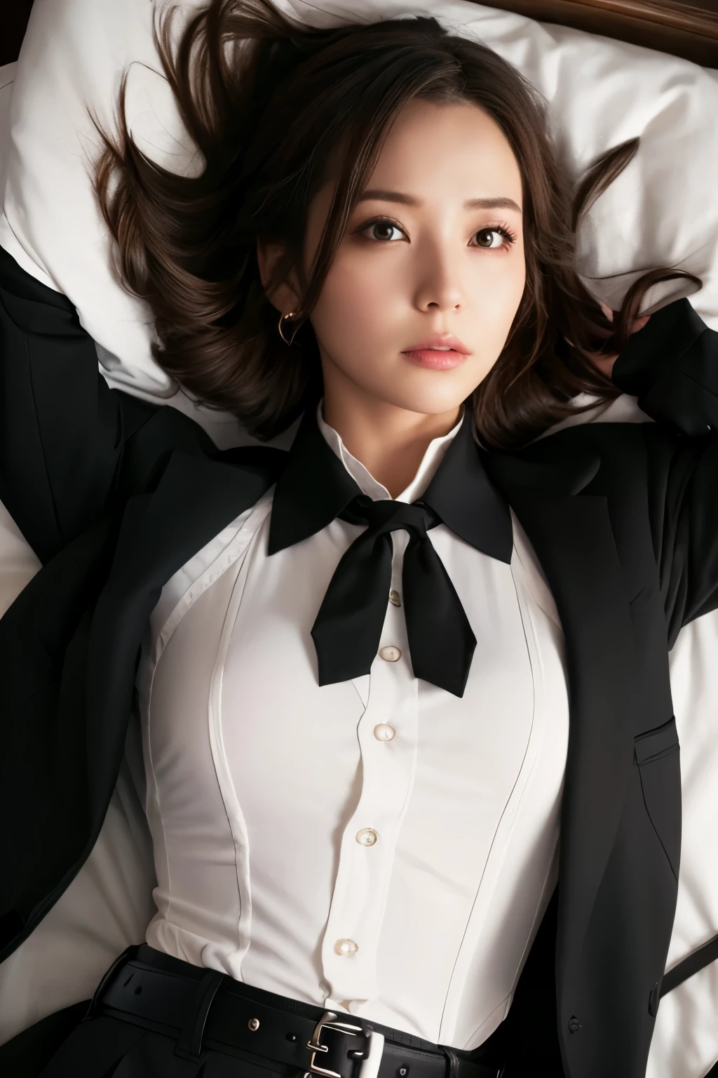 suspenders　　　Moderate breasts　 　 　　　　Small face　 　　　holster　　　Beautiful woman　　　　 Lying in bed　Looking up　　　　Sweat 　　　belt　summer　脇Sweat 　Black Hole Gloves　suit　shirt　　Black jacket　 Black trousers　Leg Links　ズボンにbelt　　holster　Nipples show through the top of clothes
