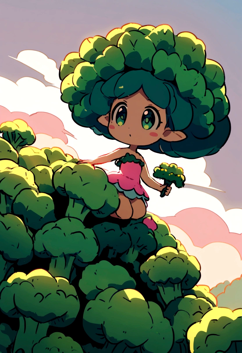 a cute fairy flying over a pile of Broccolis, holding one Broccoli on her hand