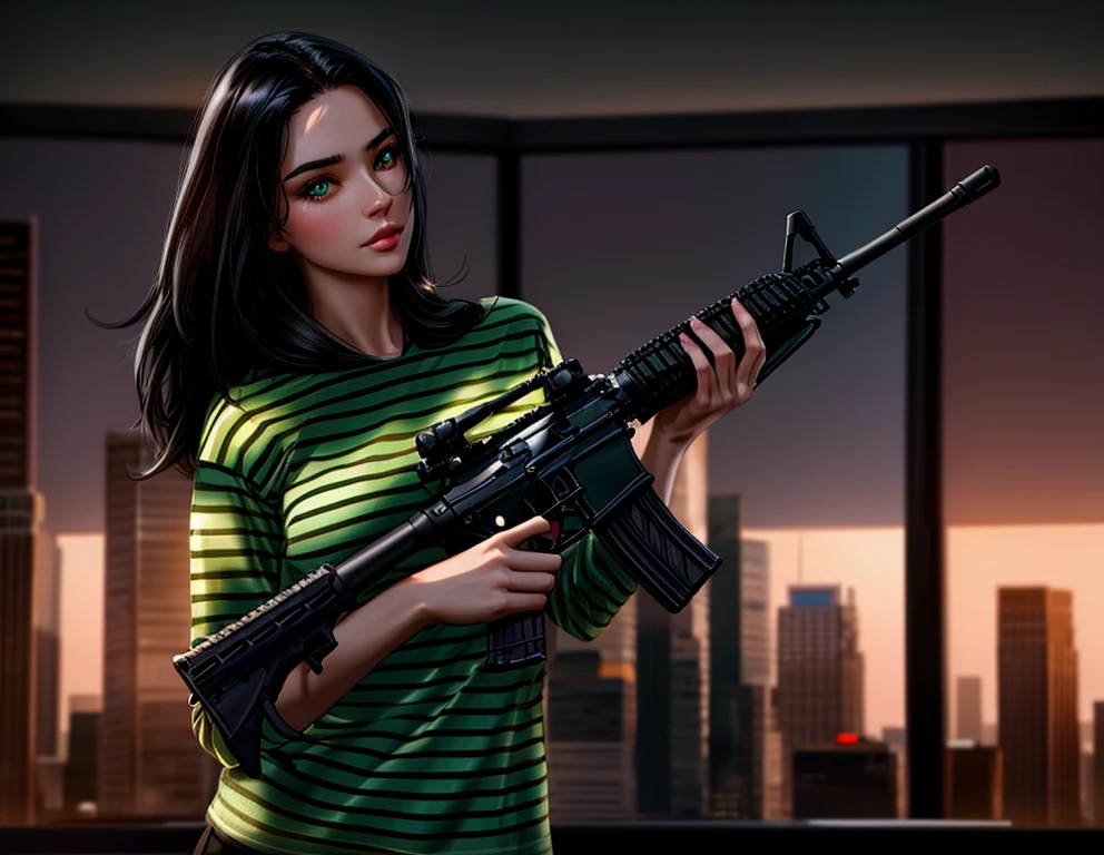 A beautiful woman with long black hair, green eyes, holding a high-quality AR-15 assault rifle, posing confidently in an office setting against a Los Angeles cityscape backdrop, hyper-realistic, 8K resolution, cinematic lighting, photorealistic, masterpiece, detailed, sharp focus, vivid colors, professional photography
