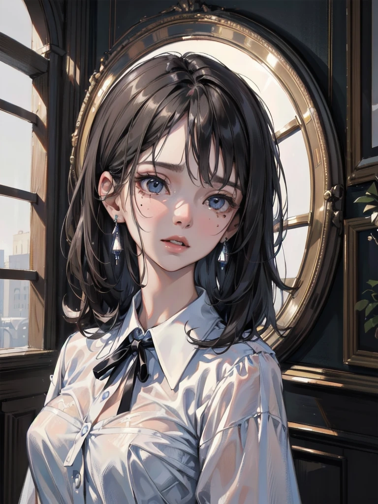 absurdres, RAW photo, extremely delicate and beautiful, masterpiece, Best Quality, ultra high resolution, 32k, hyperrealistic, ultra-detailed, in her 20s, delicate facial features, tearful mole, earring, medium breasts, ((whole body shot)), shorter middle hair, black hair, collared shirt dress,