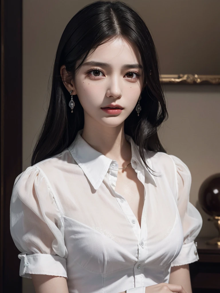 absurdres, RAW photo, extremely delicate and beautiful, masterpiece, Best Quality, ultra high resolution, 32k, hyperrealistic, ultra-detailed, in her 20s, delicate facial features, tearful mole, earring, medium breasts, ((whole body shot)), shorter middle hair, black hair, collared shirt dress,