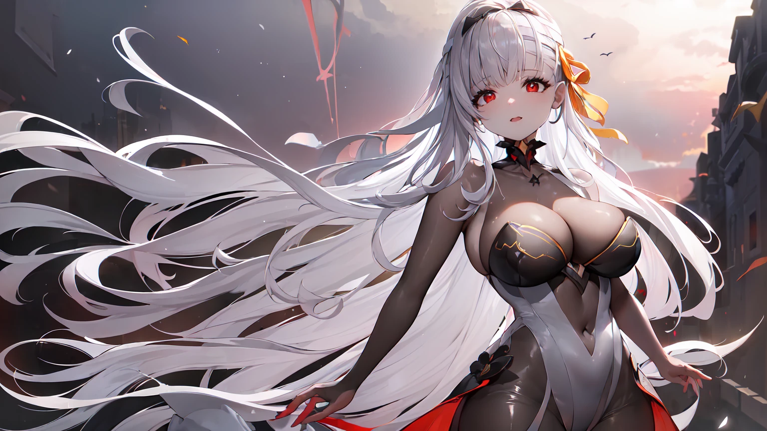((((Obra maestra, La mejor calidad, ultrahigh resolution)))), 1girl, standing, (cute maid costume), ((long pure silver hair and grey mesh hair, hair over eye)), long hair cut, pale skin, ((red eyes)), glowing_eyes, neon eyes, (ultra detailed eyes:0.7, beautiful and detailed face, detailed eyes:0.9), smile, ((wide shot)), facing viewer, ((vibrant background, bright lighting, summer, sunlight)), flat chested, looking at viewer, ((half closed eyes)), ((perfect hands)), (((head:1, arms, hips in view, elbows, arms, legs, in view))), ((hands behind back)), empty eyes, beautiful lighting, ((outside, outdoors)), defined subject, head tilt, (((gritty)), ((creepy)), ((cool)), ((beautiful)), (((SFW)))
