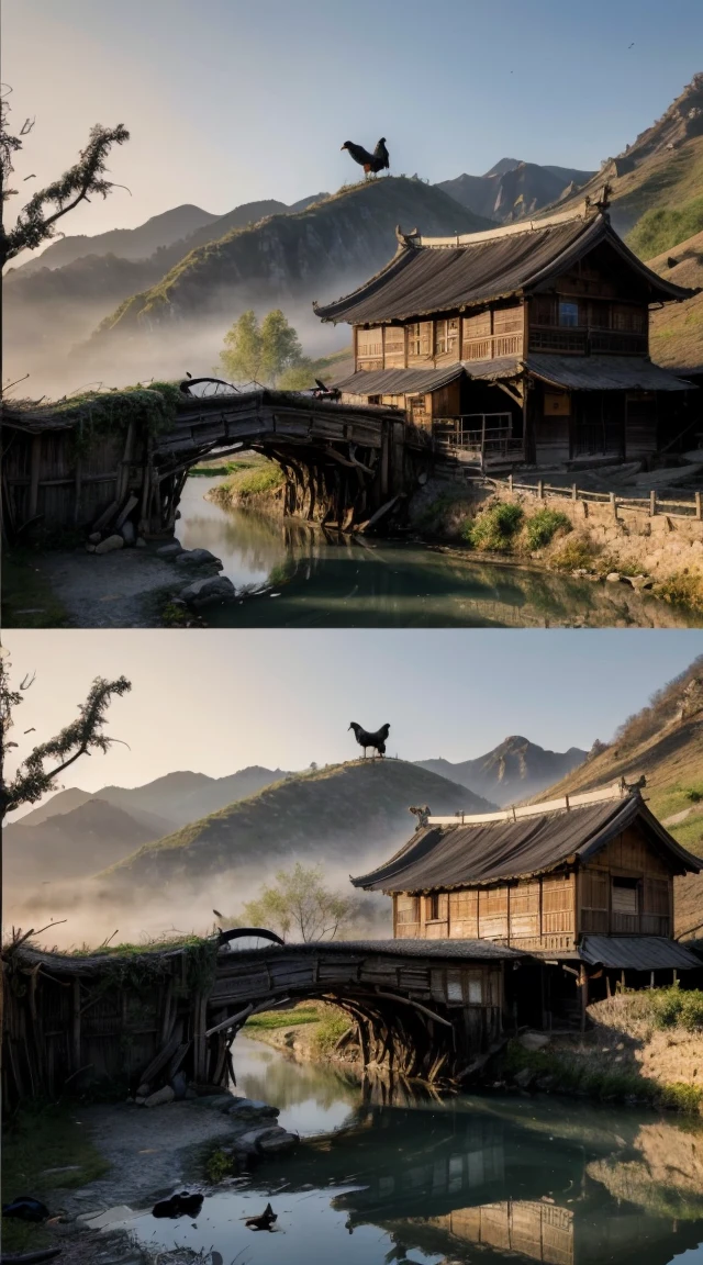 Masterpiece, High Quality, high resolucion,8K, Chinese painting ,, withered vine, three ((wood)), Twilight ((crow)) free pop sounds,, ((Small bridge)), flowing water, (((rustic house))), (horse:1.6),, A chilly wind blows from the west. ((ancient road)),, When the sun goes down, My heart aches with anger,,