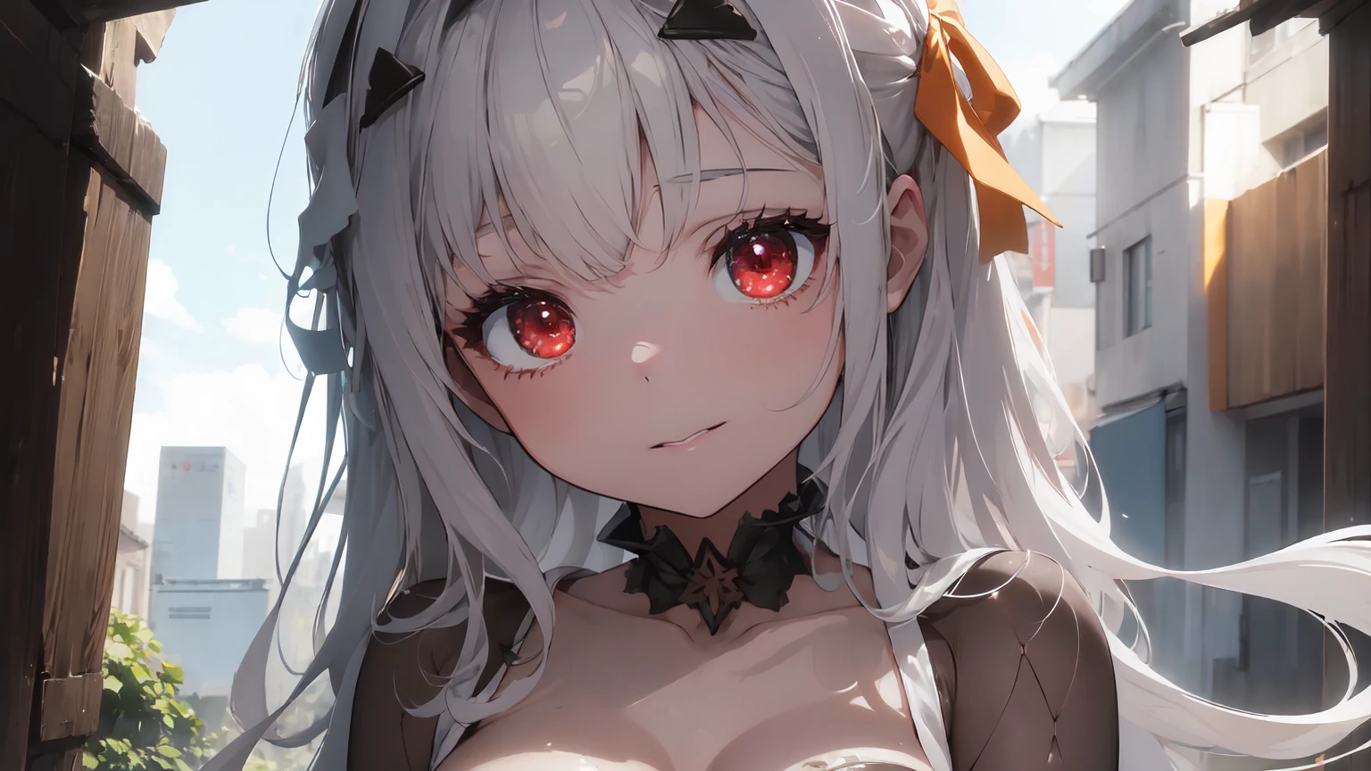 ((((Obra maestra, La mejor calidad, ultrahigh resolution)))), 1girl, standing, (cute maid costume), ((long pure silver hair and grey mesh hair, hair over eye)), long hair cut, pale skin, ((red eyes)), glowing_eyes, neon eyes, (ultra detailed eyes:0.7, beautiful and detailed face, detailed eyes:0.9), smile, ((wide shot)), facing viewer, ((vibrant background, bright lighting, summer, sunlight)), flat chested, looking at viewer, ((half closed eyes)), ((perfect hands)), (((head:1, arms, hips in view, elbows, arms, legs, in view))), ((hands behind back)), empty eyes, beautiful lighting, ((outside, outdoors)), defined subject, head tilt, (((gritty)), ((creepy)), ((cool)), ((beautiful)), (((SFW)))