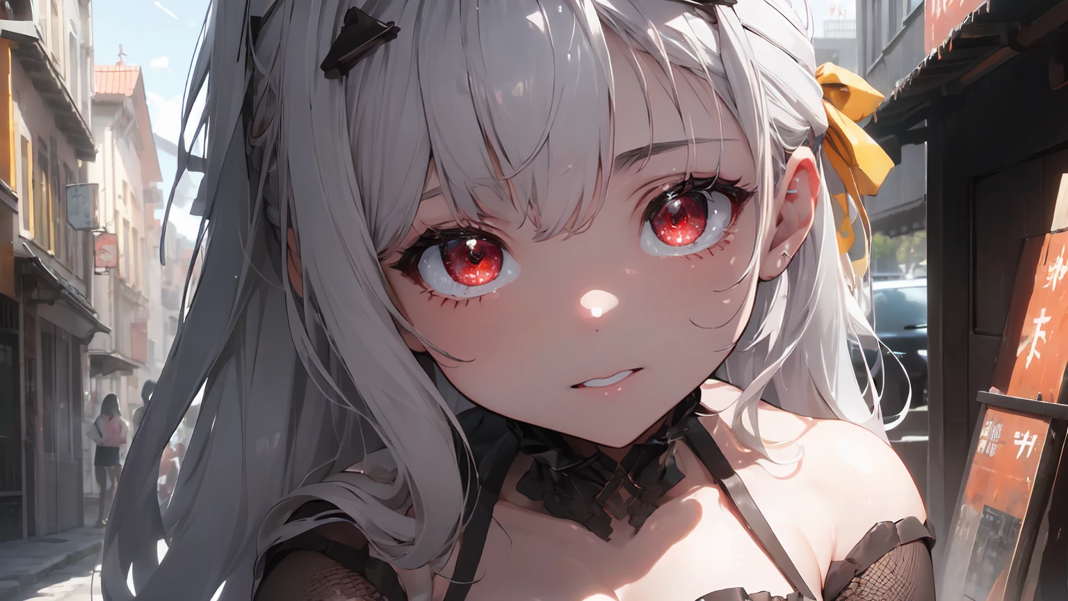 ((((Obra maestra, La mejor calidad, ultrahigh resolution)))), 1girl, standing, (cute maid costume), ((long pure silver hair and grey mesh hair, hair over eye)), long hair cut, pale skin, ((red eyes)), glowing_eyes, neon eyes, (ultra detailed eyes:0.7, beautiful and detailed face, detailed eyes:0.9), smile, ((wide shot)), facing viewer, ((vibrant background, bright lighting, summer, sunlight)), flat chested, looking at viewer, ((half closed eyes)), ((perfect hands)), (((head:1, arms, hips in view, elbows, arms, legs, in view))), ((hands behind back)), empty eyes, beautiful lighting, ((outside, outdoors)), defined subject, head tilt, (((gritty)), ((creepy)), ((cool)), ((beautiful)), (((SFW)))