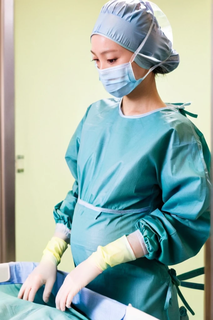 score_9, score_8_up, score_7_up, masterpiece, highest quality, kasuganoray, pale skin, shy eyes, cover the ears, big breasts, surgical mask, surgical cap, long sleeve surgical gown,
1 girl, pregnant, solo, rubber gloves, frown, standing, in one hospital, hospital bed,
