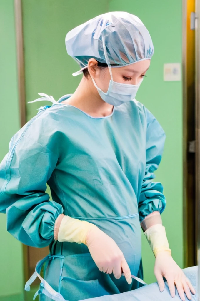 score_9, score_8_up, score_7_up, masterpiece, highest quality, kasuganoray, pale skin, shy eyes, cover the ears, big breasts, surgical mask, surgical cap, long sleeve surgical gown,
1 girl, pregnant, solo, rubber gloves, frown, standing, in one hospital, hospital bed,