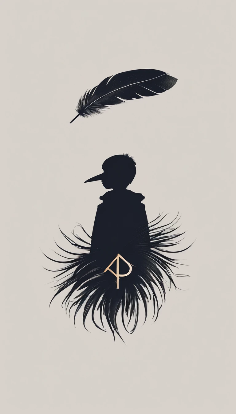 A minimal, modern, simple, cinematic logo design e of a boy with a head full of feathers for the brand “Penamemoria".