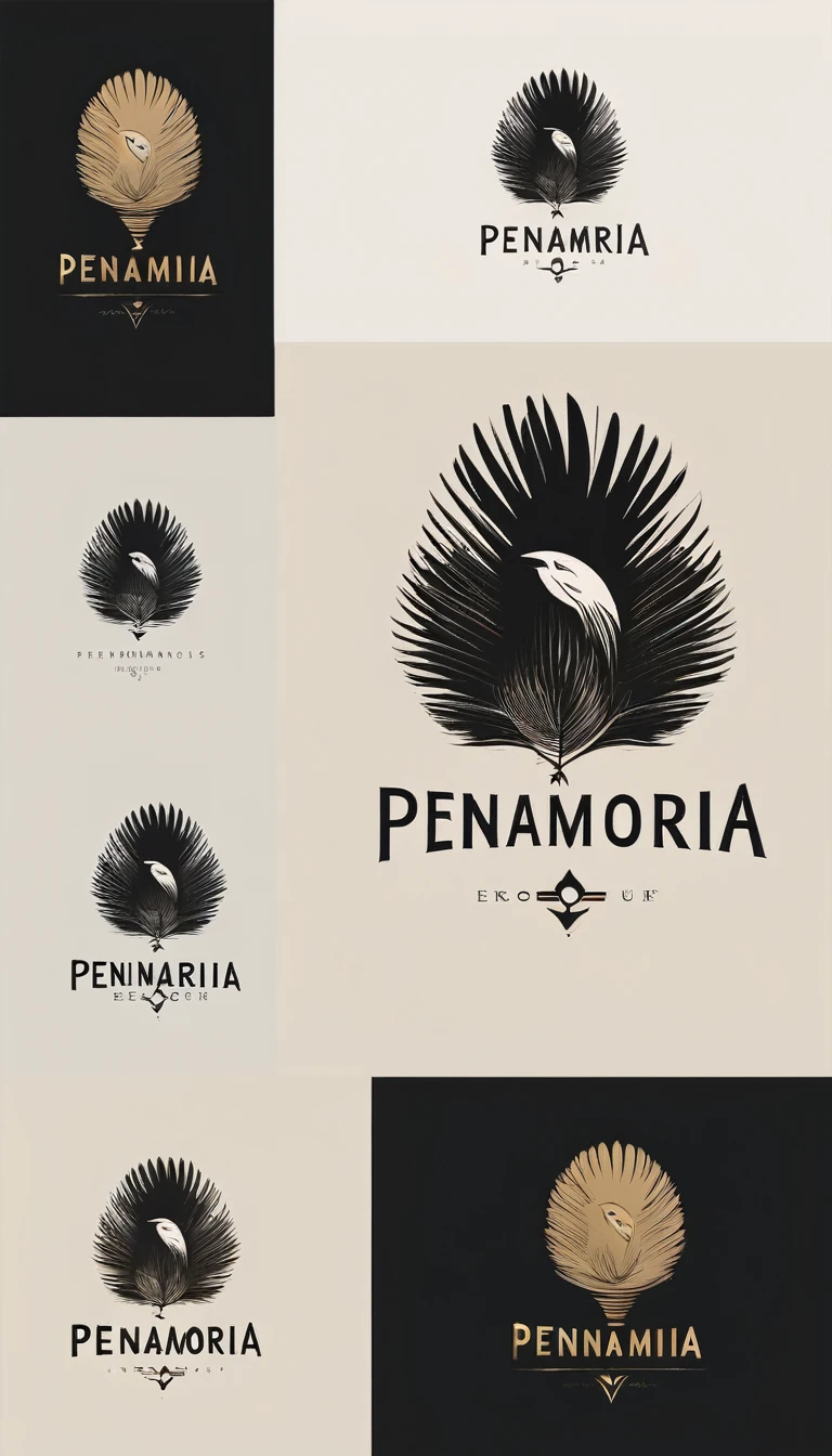 A minimal, modern, simple, cinematic logo design e of a boy with a head full of feathers for the brand “Penamemoria".
