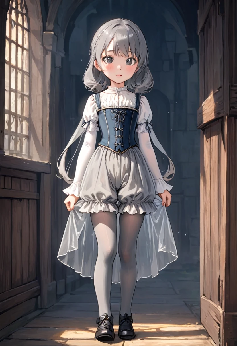 8 year old medieval girl, underwear姿、Translucent knee-length bloomers（underwear）wear、wear a semi-transparent corset、Translucent slip, Grey translucent tights