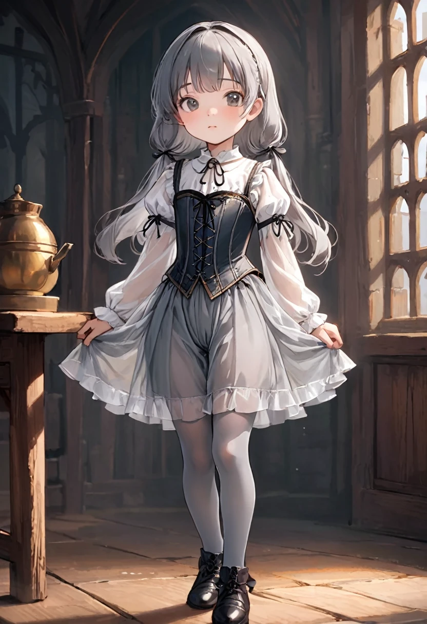 8 ******** medieval girl, underwear姿、Translucent knee-length bloomers（underwear）wear、wear a semi-transparent corset、Translucent slip, Grey translucent tights