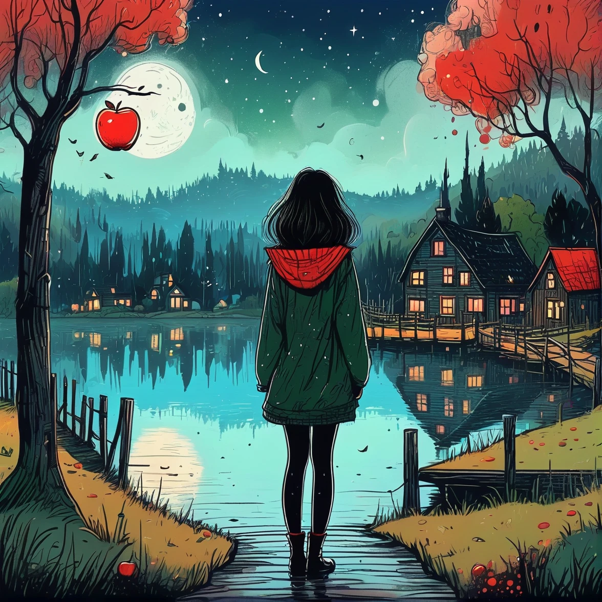 hand drawn cartoon, 1 girl, standing alone, Beautiful attractive young woman，Strong Gothic Makeup, A lakeside village with a birch forest and an apple orchard，starry nights_Adolfsson style，gloomy foggy atmosphere，The cute nonsense、The attraction and rejection of extraordinary appearance，magical naive art，Bright blue and green，The color palette is red, orange and black tones and has a sketchy style, The background should have a simple hand-drawn doodle pattern, 1shxx1