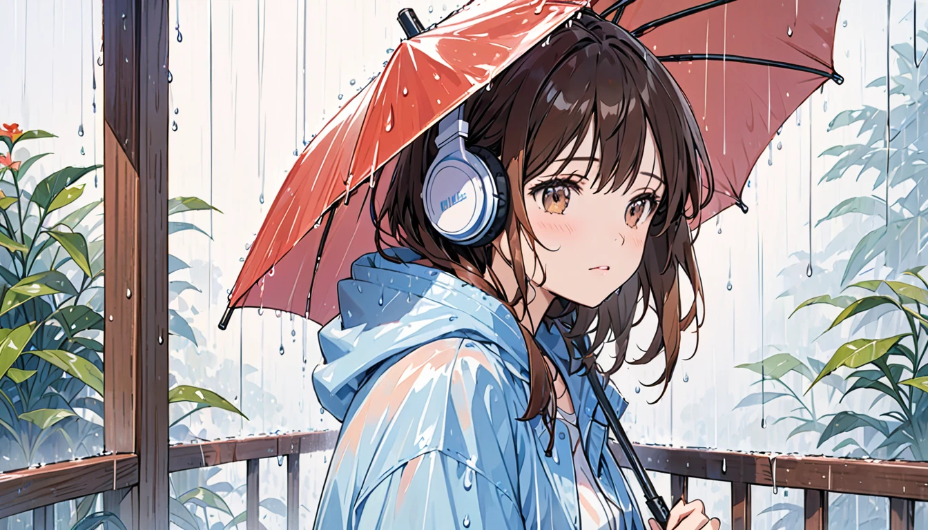 Girl wearing headphones,Brown Hair,One girl,Wet day,Sheltering from the Rain
