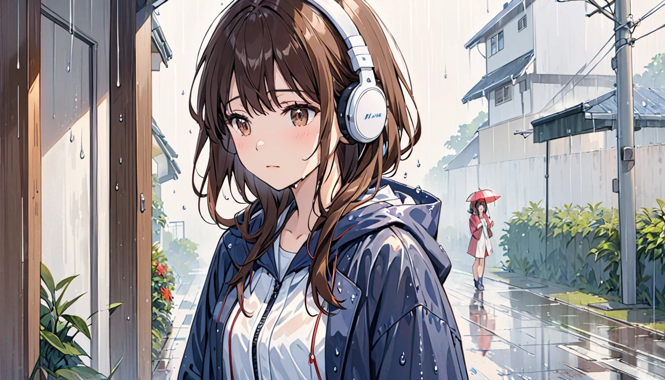 Girl wearing headphones,Brown Hair,One girl,Wet day,Sheltering from the Rain