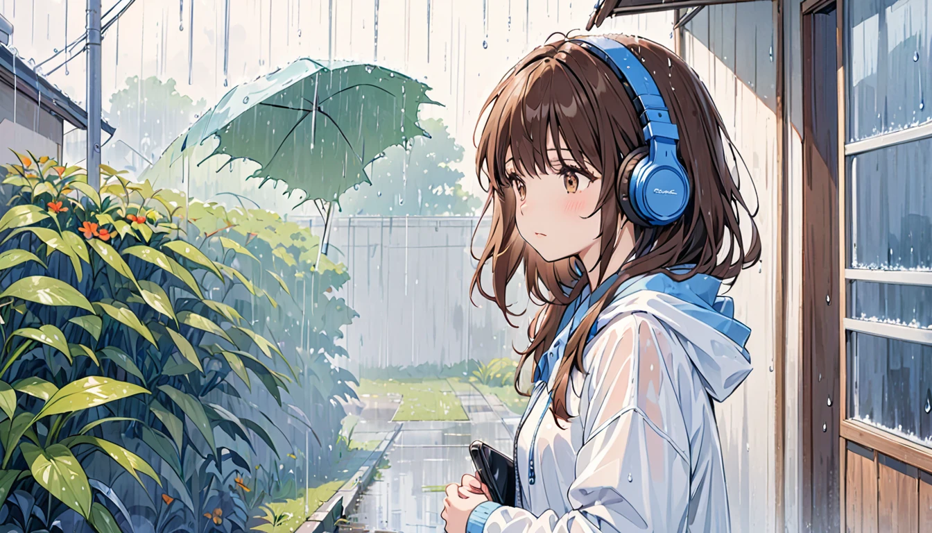 Girl wearing headphones,Brown Hair,One girl,Wet day,Sheltering from the Rain