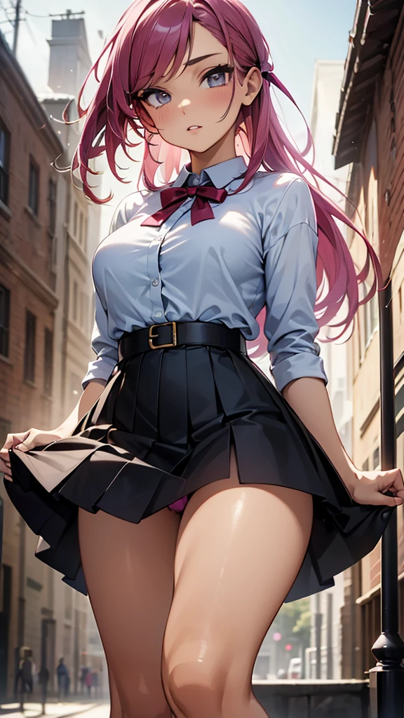 a masterpiece, best quality, highres, absurdres, 1girl, crowd, skirt, wind blowing skirt up, laced underwear, pink hair, gasai yuno, from below, revealing clothes, skindentation, outdoors, sunlight, street, looking at viewer, blush, detailed face, beautiful detailed eyes, beautiful detailed lips, extremely detailed face, long eyelashes, cinematic lighting, depth of field, volumetric lighting, photorealistic, digital painting, concept art, vibrant colors, dynamic pose