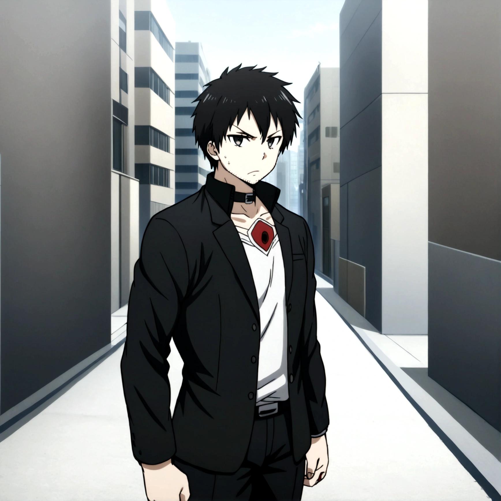 Anime man, black suit, black straps, black fluffy collar, black messy hair, black serious eyes, raised white hollow mask, city background, alleyway, red command seals on right hand, stubble beard, manly, age 45