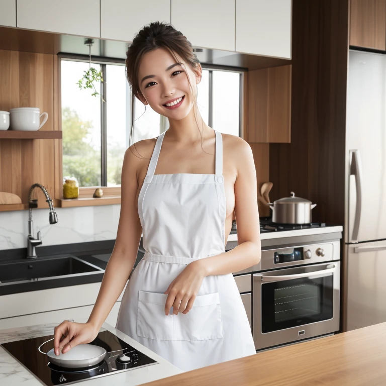 (Tabletop、Highest quality、8K、Award-winning works、Ultra-high resolution)、One beautiful woman、(Wearing the most natural and perfect apron:1.1)、(Naked Apron:1.2)、(Look at me with your best smile:1.1)、(Show off your beautiful teeth and get the best smile possible:1.1)、Large Breasts、the chest is slightly open、perfect beautiful teeth、Accentuate your body lines、(Bust up photo:1.1)、(Upper body photo:1.2)、Big Breasts、(The most natural and practical kitchen:1.1)、(Perfectly organized and clean kitchen:1.1)、(Modern and elegant kitchen:1.1)、(Perfect kitchen with state-of-the-art induction cooktop:1.1)、(Beautiful and cohesive modern kitchen:1.1)、(Very bright:1.2)、(Super bright and radiant skin:1.1)、that'Very vivid、The most vivid、High chroma、Glowing Beautiful Skin、Fresh and beautiful, Perfect Windows、Ultra-high resolutionのperfect beautiful teeth、(Ultra HD glossy skin:1.1)、(Very brightly lit、明るい and glowing skin:1.2)、Ultra HD Shining Eyes、(Accurate anatomy:1.1)、(The most graceful and perfect posture:1.1)