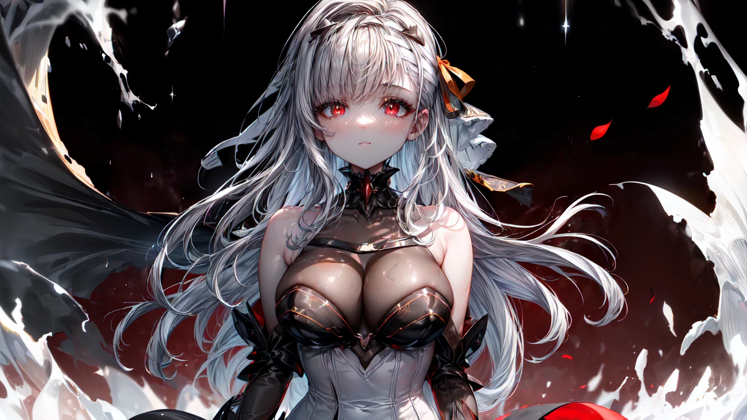 ((((Obra maestra, La mejor calidad, ultrahigh resolution)))), 1girl, standing,), ((long pure silver hair, hair over eye)), long hair cut, shiny skin, ((red eyes)), glowing_eyes, neon eyes, (ultra detailed eyes:0.7, beautiful and detailed face, detailed eyes:0.9), ((centered)), smirk, facing viewer, ((vibrant background, dark lighting, summer, sunlight)), large chested, looking at viewer, ((half closed eyes)), ((perfect hands)), (((head:1, arms, hips in view, elbows, in view))), ((hands behind back)), empty eyes, beautiful lighting, ((outside, outdoors)), defined subject, head tilt, (((gritty)), ((creepy)), ((cool)), ((beautiful)), (((SFW))), hair ornament, petals in the air, moon in the sky, city, mature woman, adult woman, sfw, red and white dress, night dress, she is a princess,