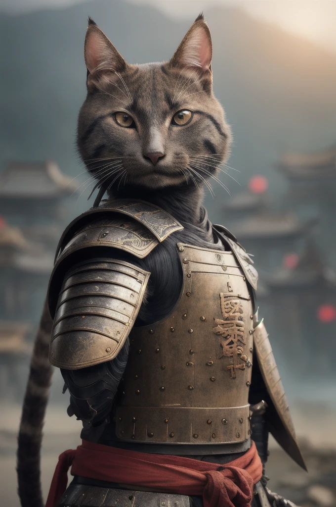 An ancient anthropomorphic cat samurai using an ancient samurai armor, photography, beautiful, bokeh temple background, high detailed skin, skin pores, coastline, overcast weather, wind, waves, 8k uhd, dslr, soft lighting, high quality, film grain, Fujifilm XT3,